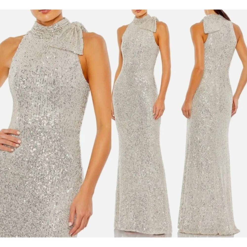 NWT Ieena for Mac Duggal Soft Tie Sequined Halter Neck Dress NUDE SILVER NWT 20
